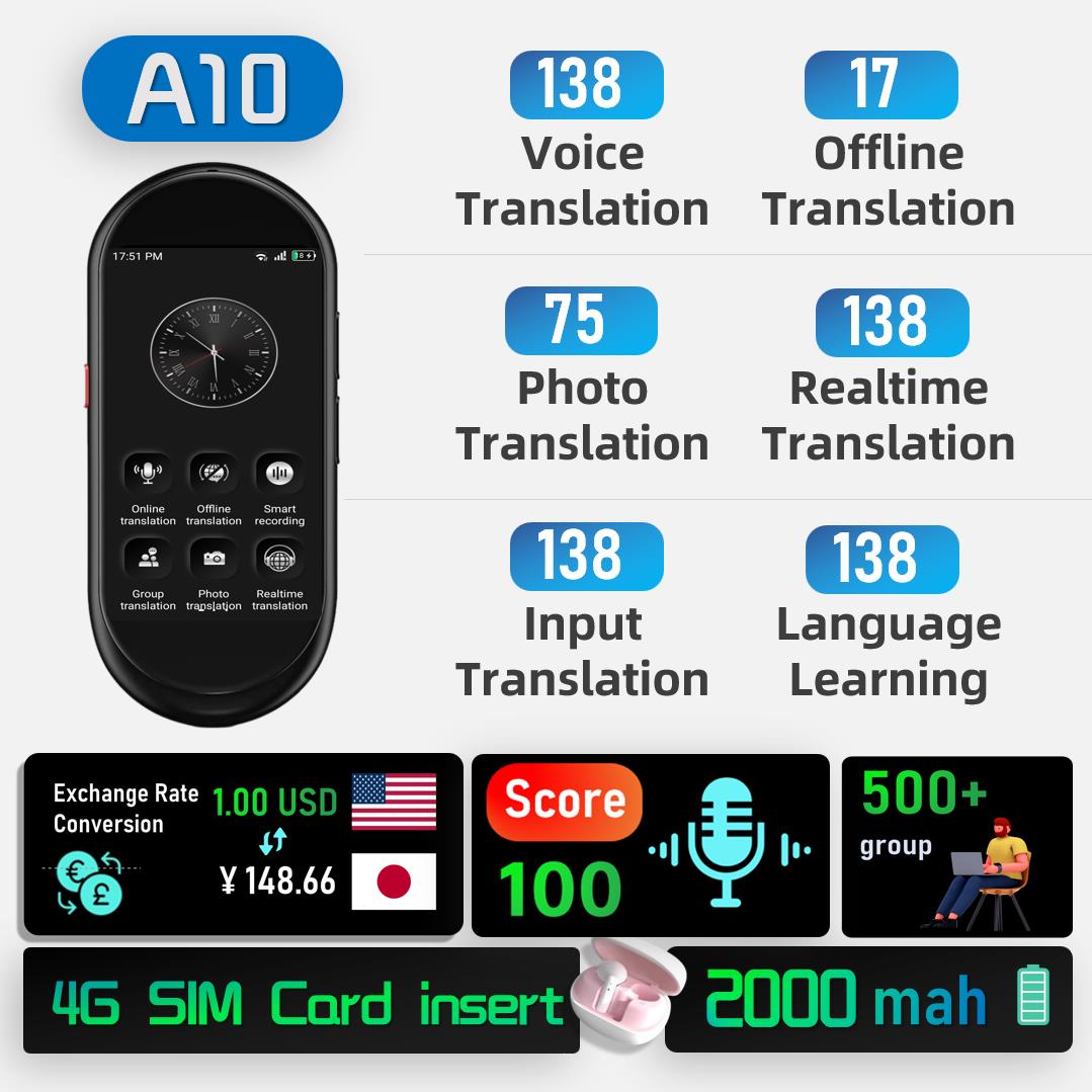 アップグレード音声翻訳機 AI Chat-GPT 多言語オフライントーキングマシン VORMOR-A10 4G SIM グローバル旅行翻訳学