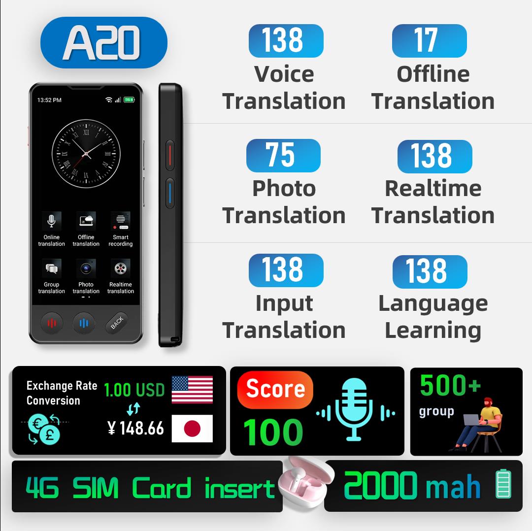 vormor A20  Language Translator Device , 2024 Upgraded High-end Business Translator, Ai Voice Instant Two-Way 138 Language Translator, 5" HD Offline/Recording/Photo Translation for Business (Black)  Global Travel Translation Learner