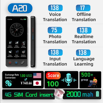 vormor A20 4G Language Translator Device No WiFi Needed, 2024 Upgraded High-end Business Translator, Ai Voice Instant Two-Way 138 Language Translator, 5